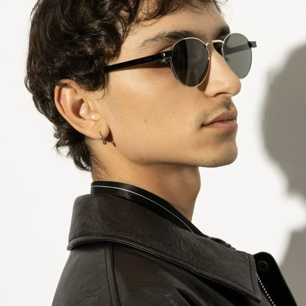 NEW Saint Laurent SL707 001 Silver Havana Grey Oval Unisex Sunglasses